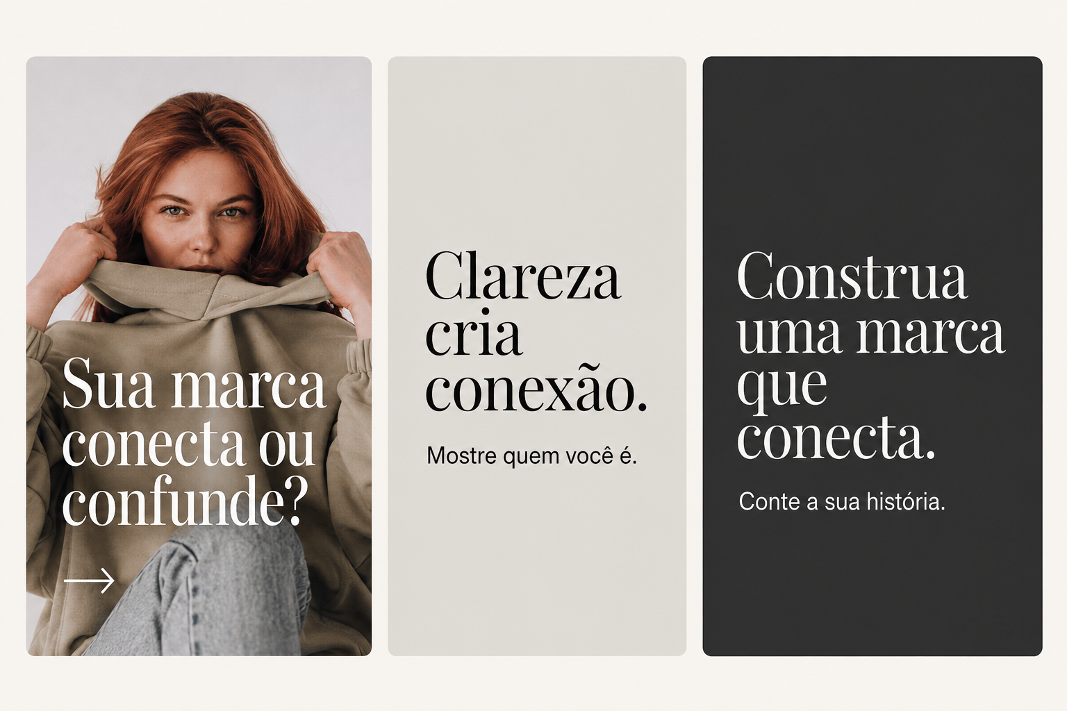 Prévia de carrossel em português sobre marca pessoal, com três cartões em tons neutros e títulos grandes sobre conexão e clareza.