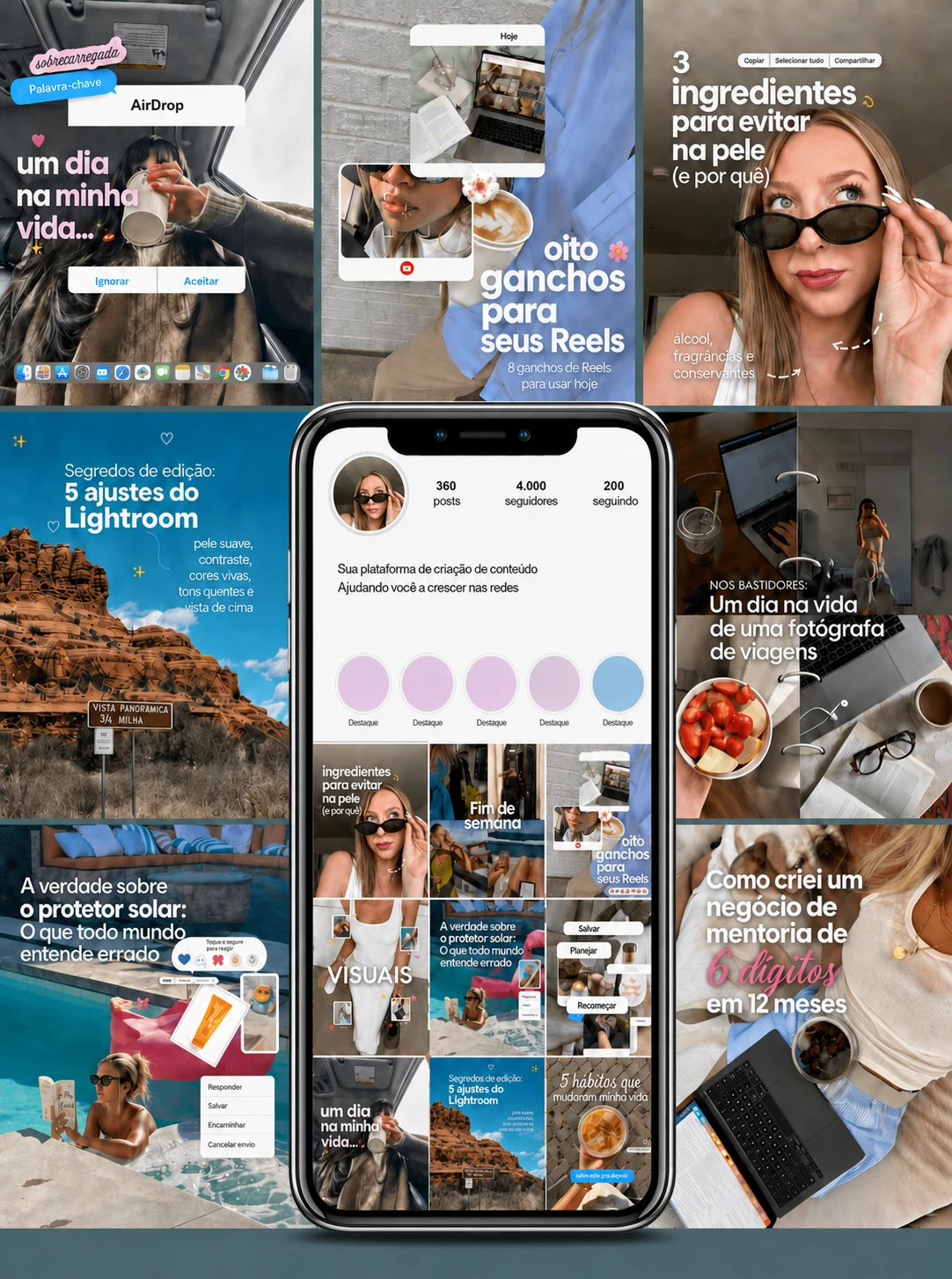 Coleção de posts em português com rotina, cuidados com a pele, fotografia e uma prévia de feed no celular.