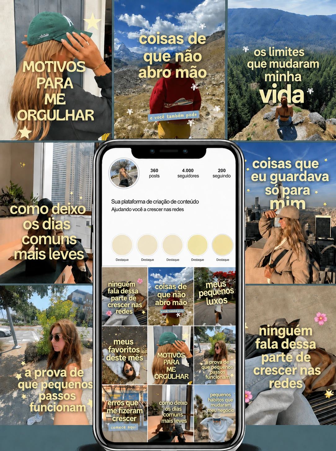 Coleção de posts em português com frases sobre limites, pequenos passos e rotina, em amarelo sobre fotos de viagens.