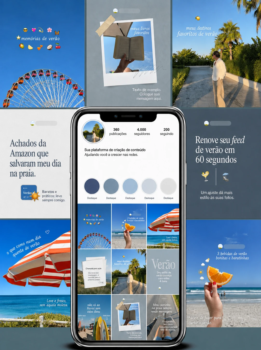Coleção de posts em português com memórias de verão, livros, praia, bebidas e destinos de viagem em tons de azul.