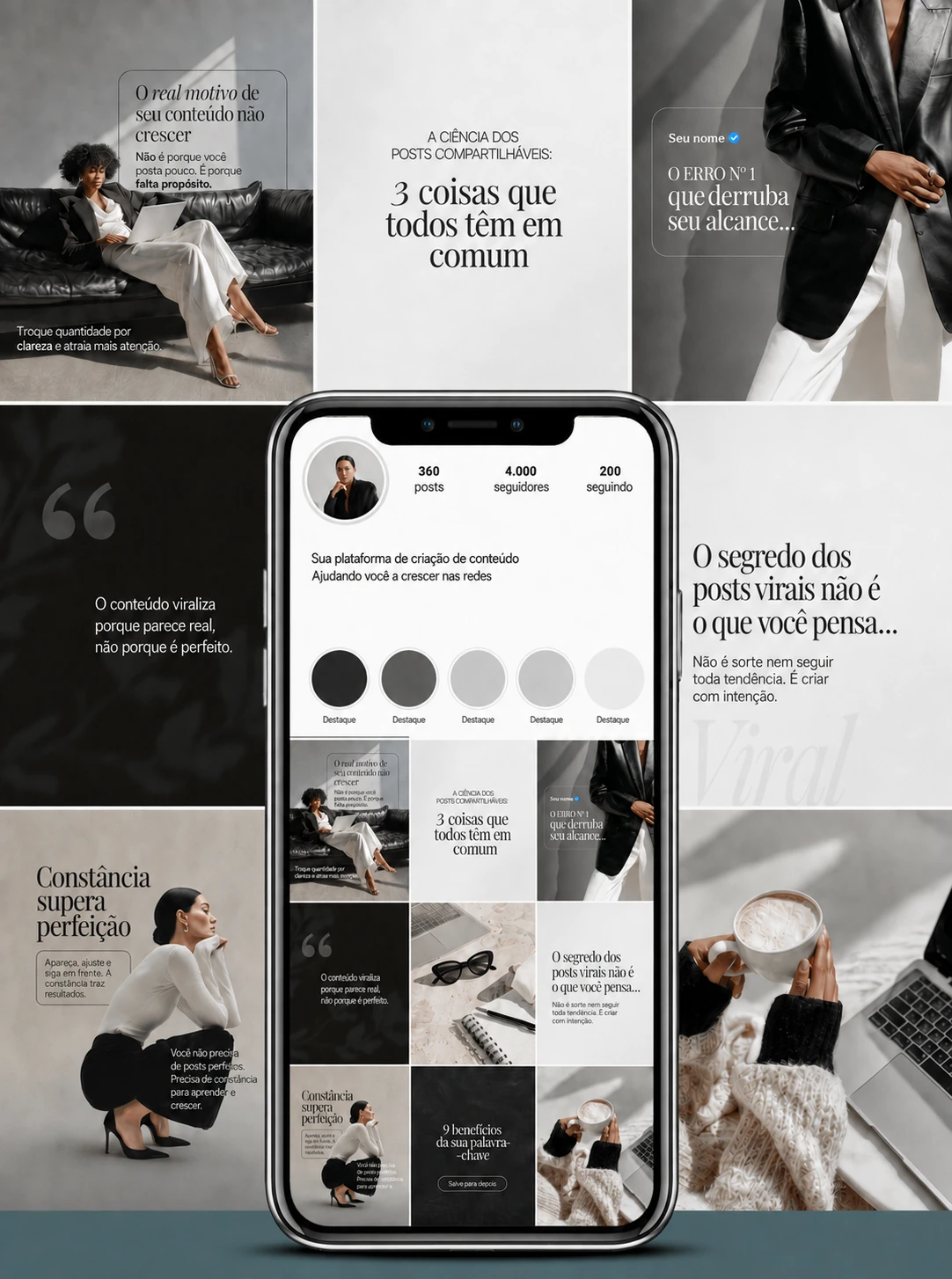 Coleção de posts em português sobre criação de conteúdo e constância, com fotografias femininas e tipografia em tons neutros.