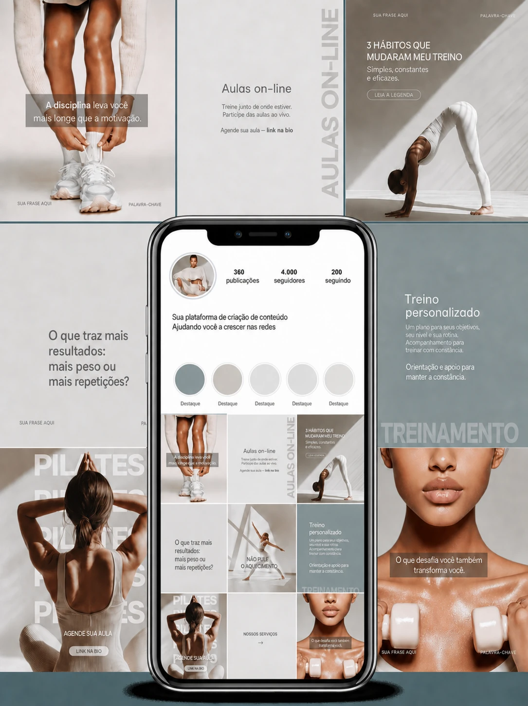 Coleção de posts em português para pilates e treinamento, com aulas on-line, hábitos de treino e exercícios em tons neutros.