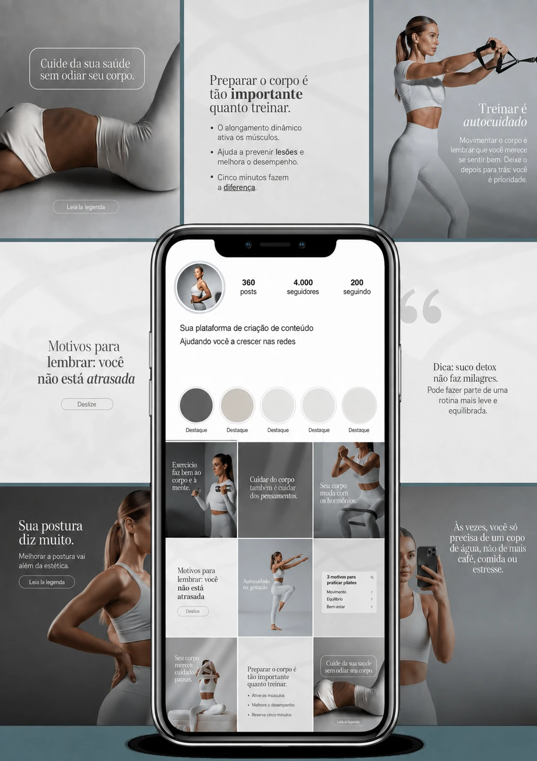 Coleção de templates em português sobre exercícios, autocuidado e bem-estar, com prévia de feed no celular.