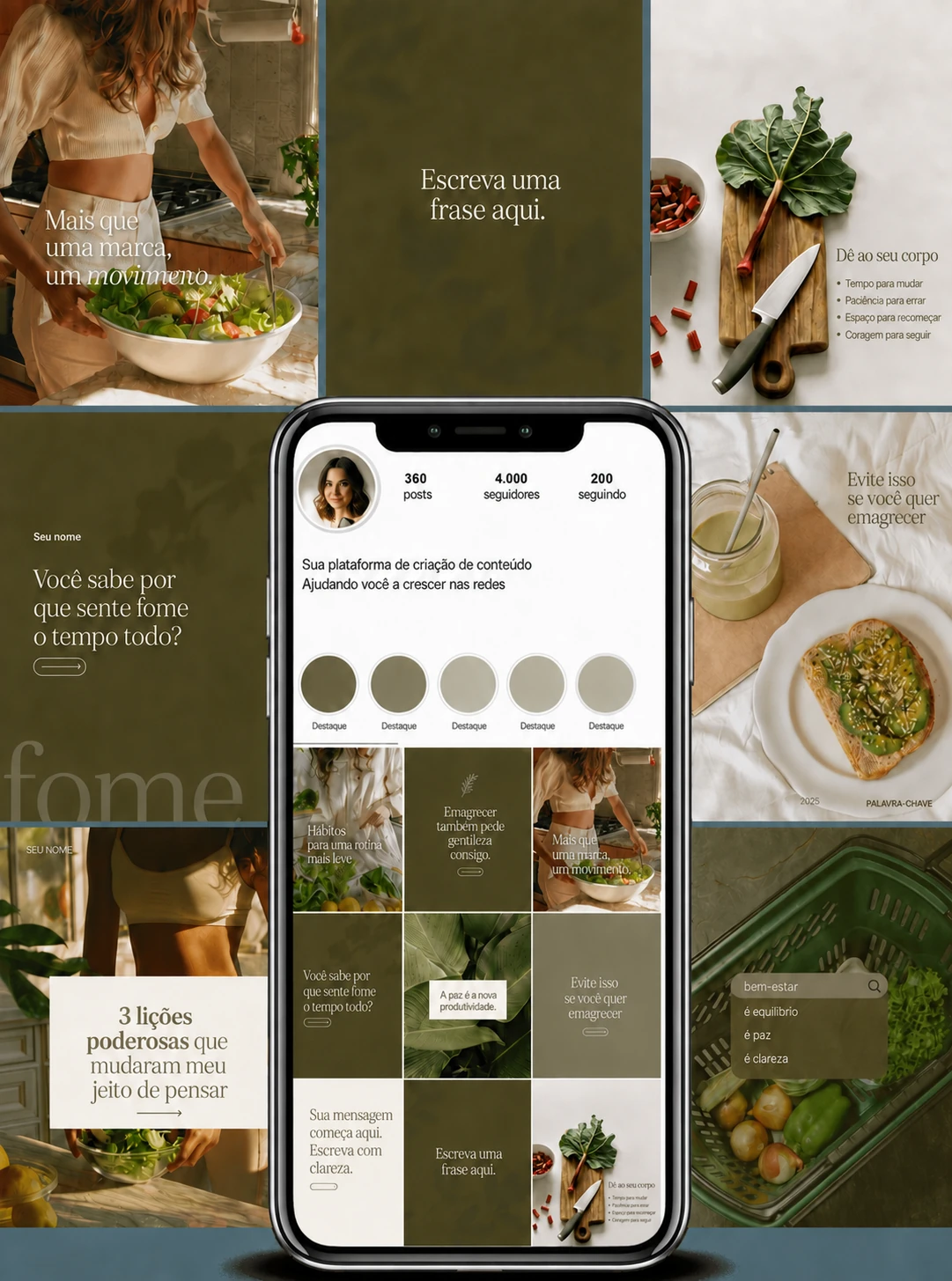 Coleção de templates em português sobre alimentação e bem-estar, com fotografias de alimentos e tons verdes.