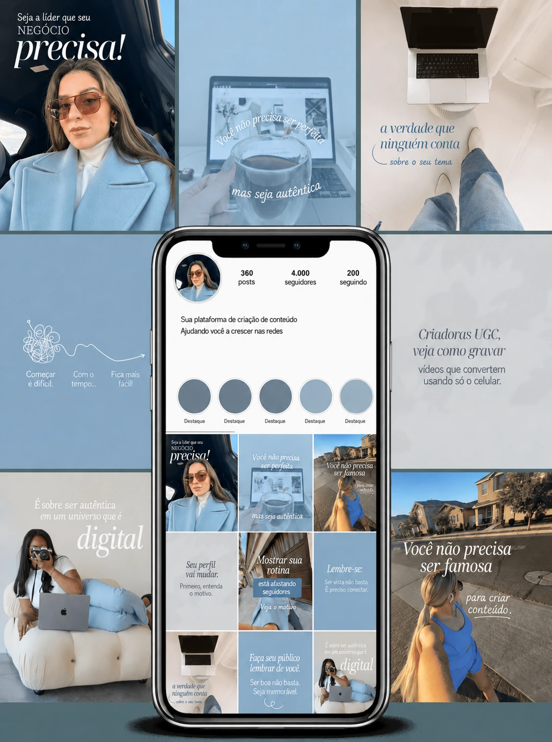 Coleção de templates em português para criadoras de conteúdo, com fotografias femininas e detalhes azuis.