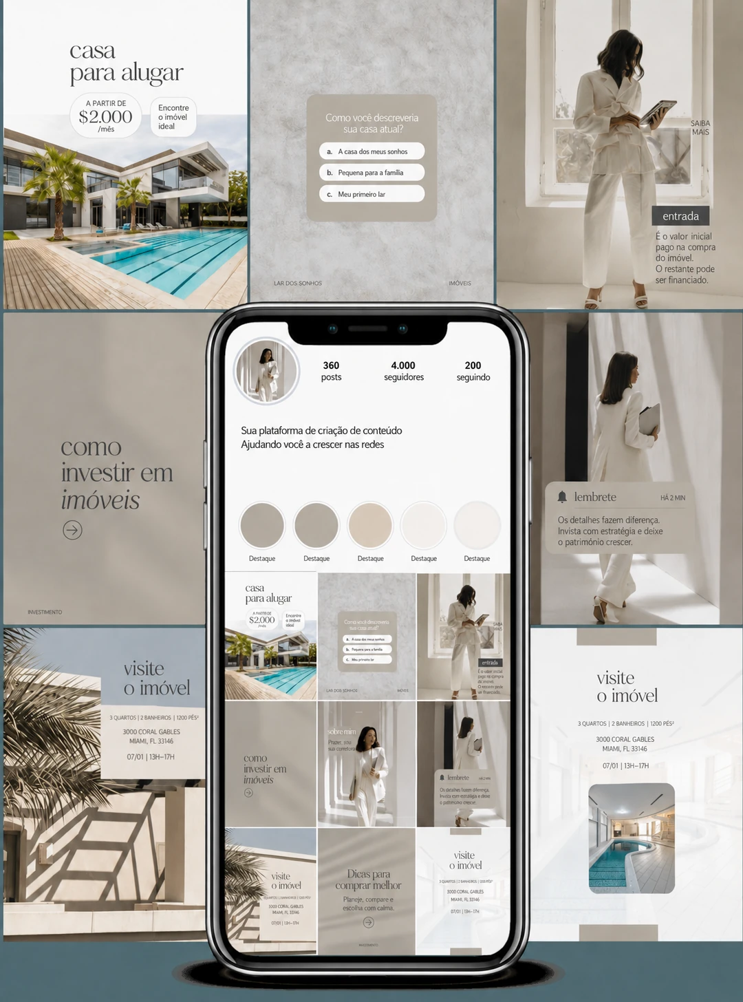 Coleção de templates em português para imóveis, com casas, interiores e prévia de feed no celular.