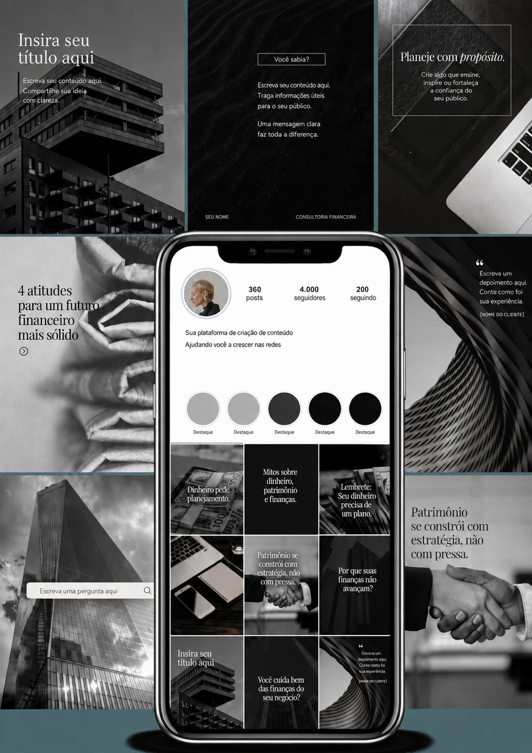 Coleção de templates em português para negócios e finanças, com arquitetura e fotografias em preto e branco.