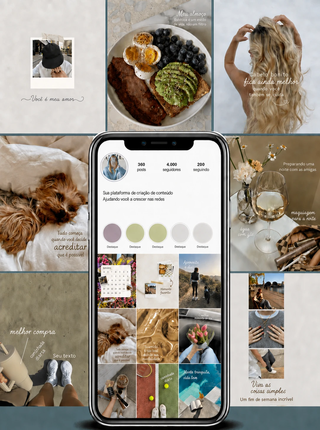 Coleção de posts em português com frases de autocuidado, café, flores, rotina e momentos simples em um feed do Instagram.