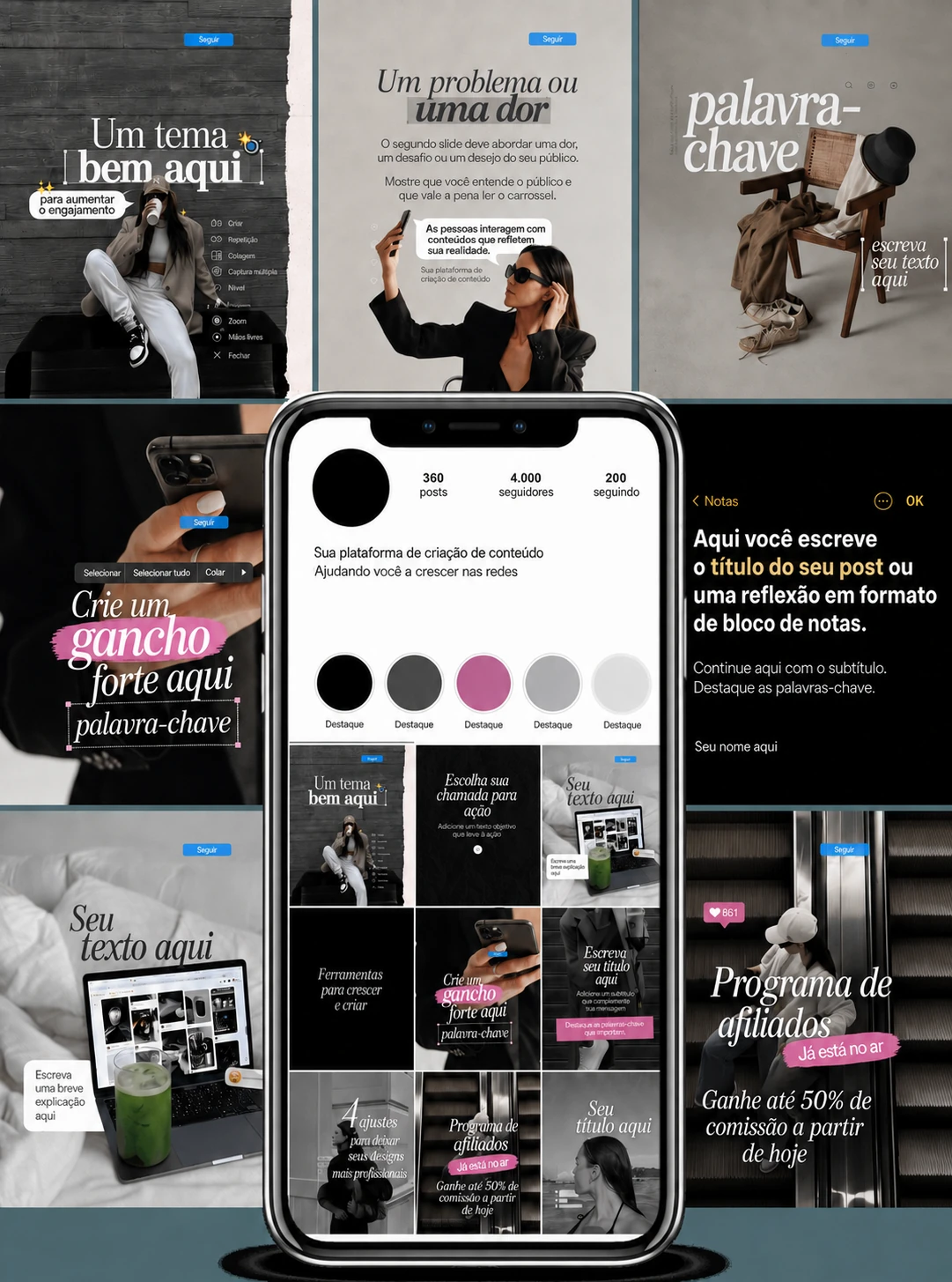 Coleção de modelos de posts para Instagram em português, em preto, cinza e rosa, com chamadas e dicas de conteúdo.