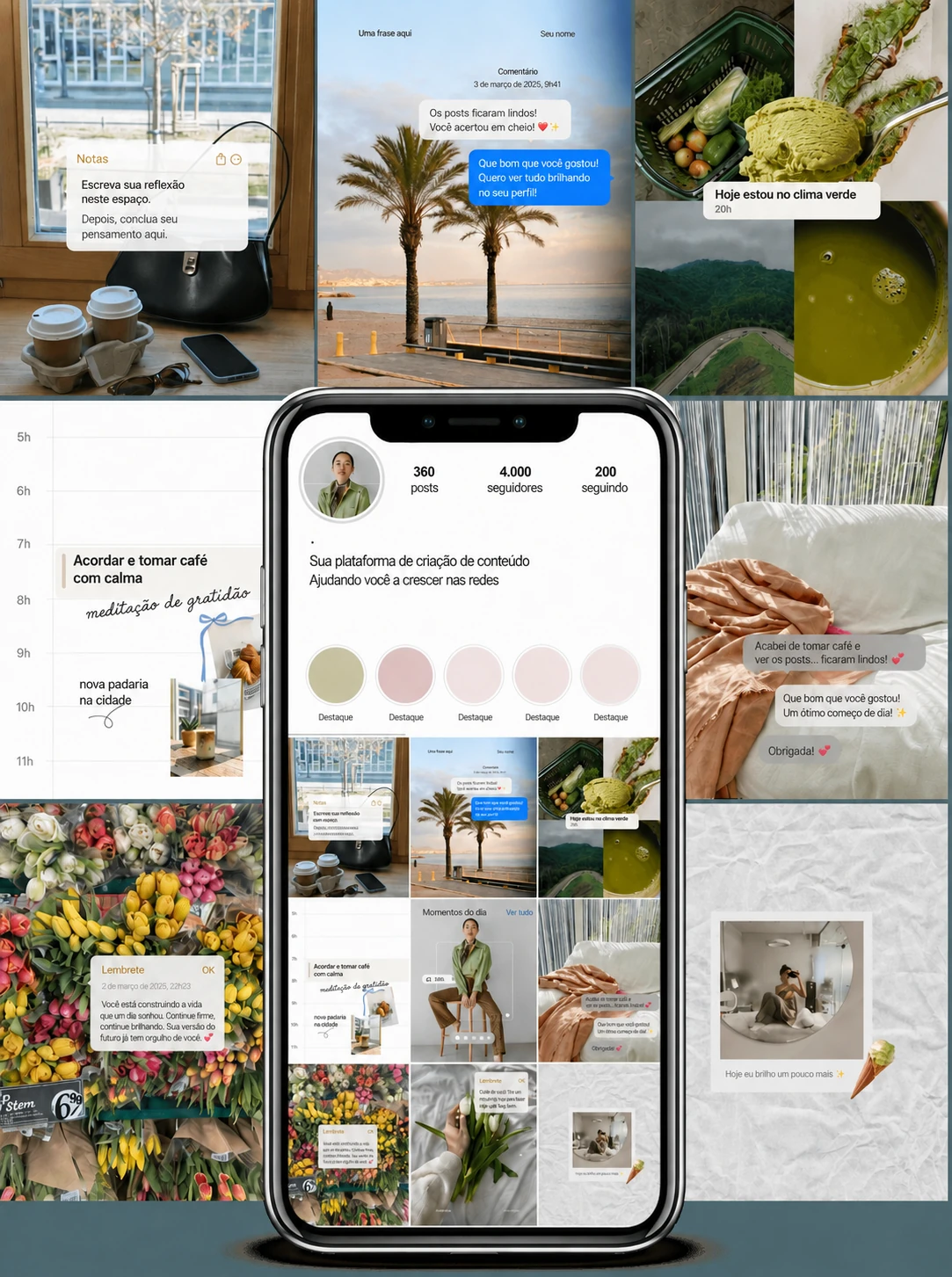 Modelos de posts em português com rotina, café, flores, agenda, lembretes e mensagens para Instagram.