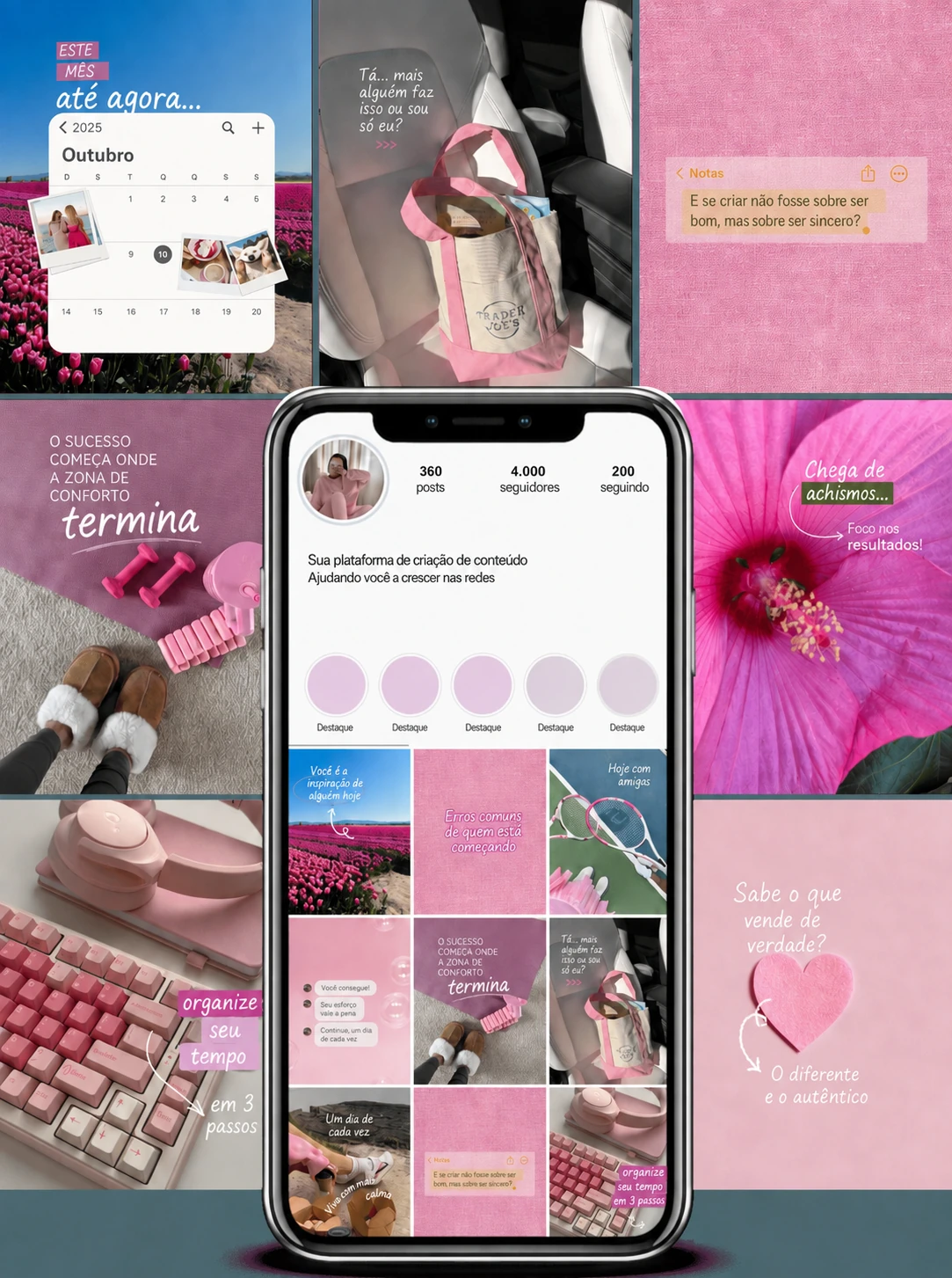 Coleção de posts em português em tons de rosa com rotina, organização do tempo, criatividade e mensagens de motivação.