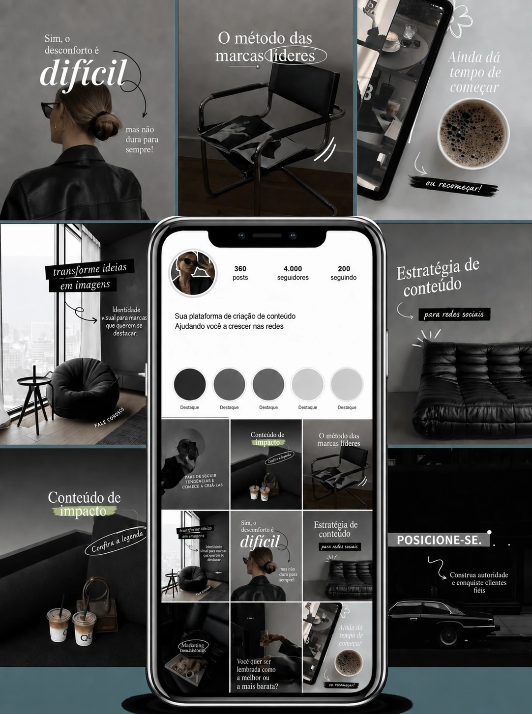 Coleção de posts em português em tons de cinza e preto sobre identidade visual, estratégia de conteúdo e posicionamento de marca.