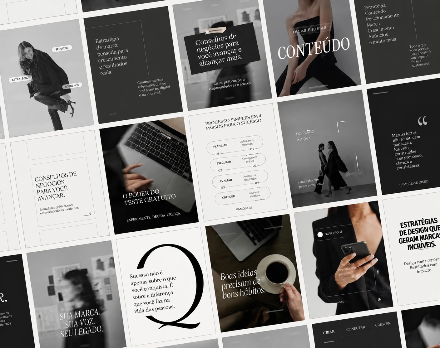 Mosaico de posts em preto, branco e cinza sobre estratégia de negócios, conteúdo e identidade de marca.