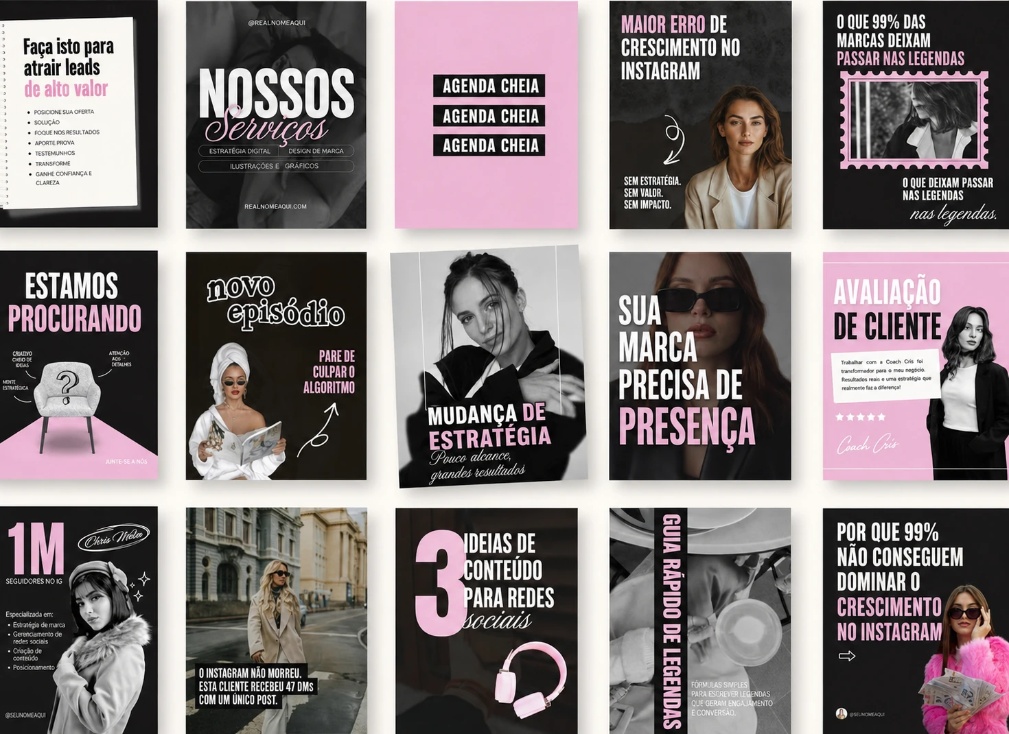 Mosaico de posts em preto e rosa sobre redes sociais, serviços, ideias de conteúdo e avaliação de cliente.
