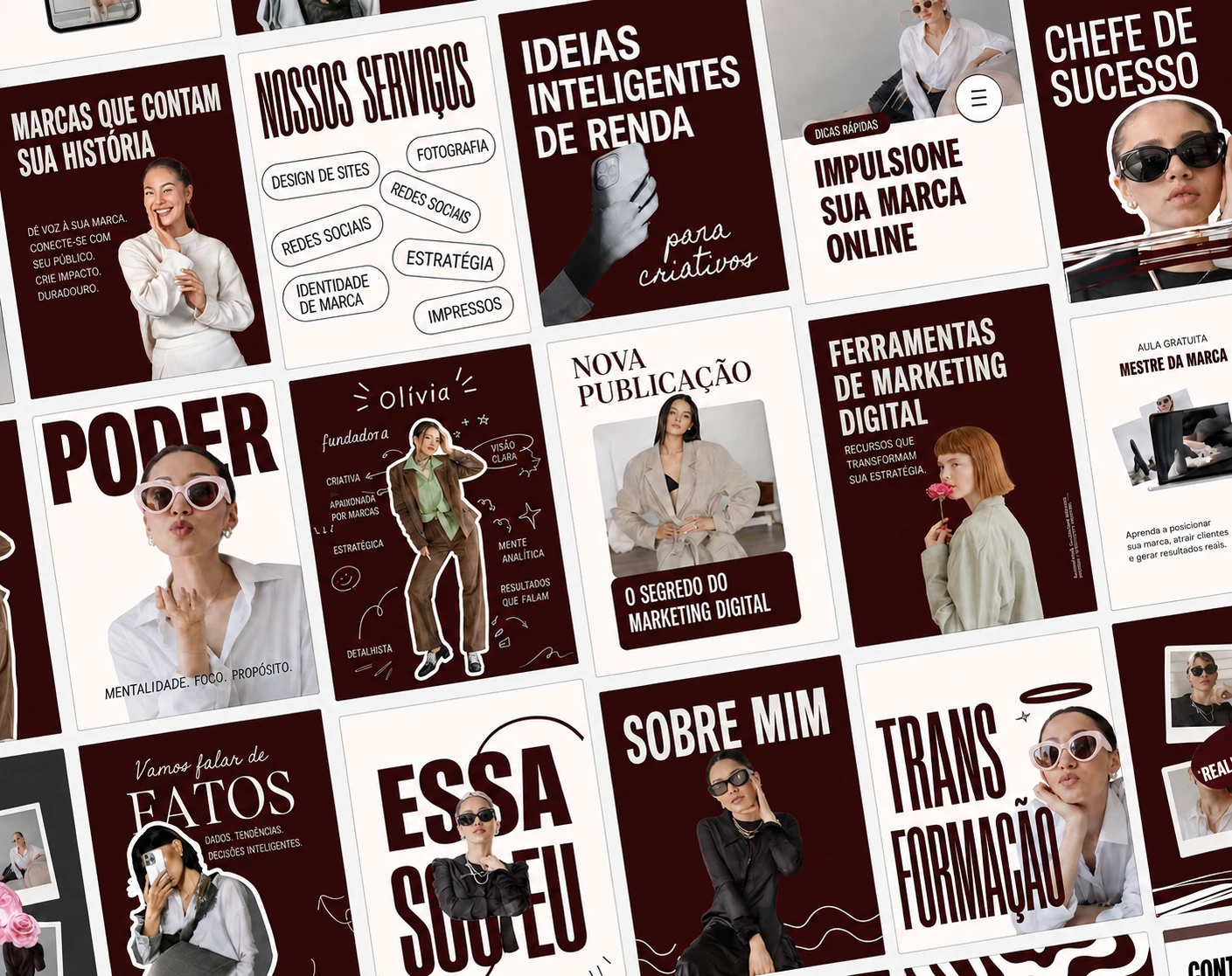 Mosaico inclinado de posts em vinho e branco sobre negócios criativos, serviços e posicionamento de marca.