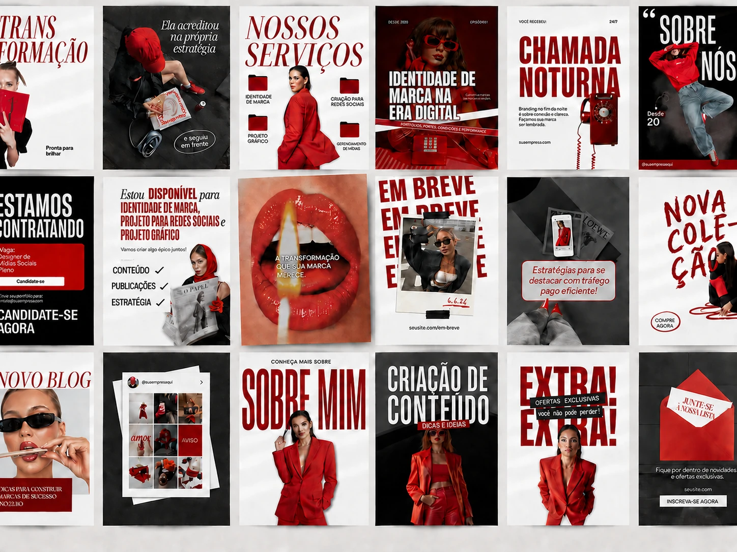 Mosaico de posts em vermelho, preto e branco sobre identidade de marca, serviços e criação de conteúdo.