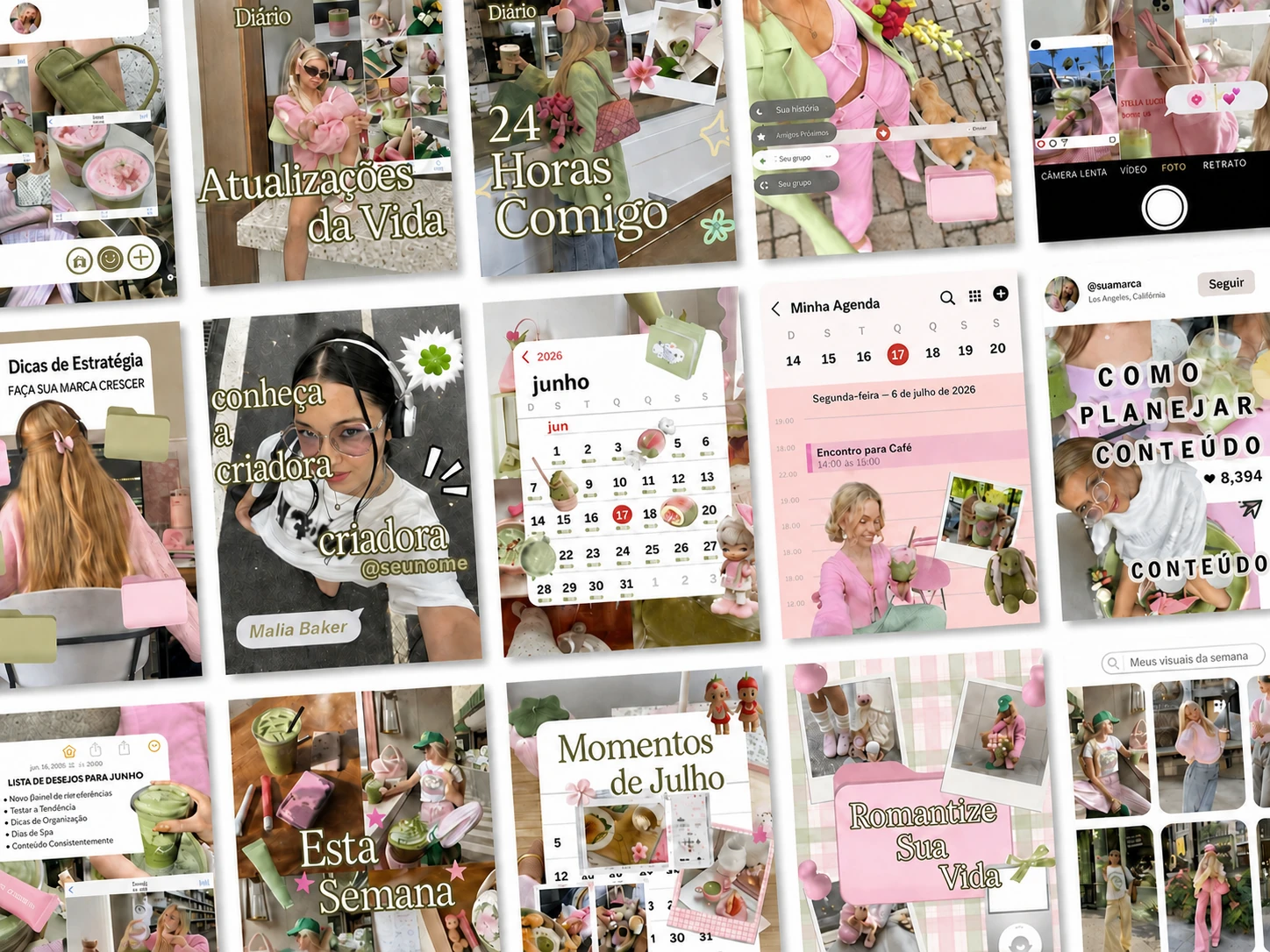 Mosaico de posts em rosa e verde com diário, agenda, calendário, planejamento de conteúdo e fotos de rotina.