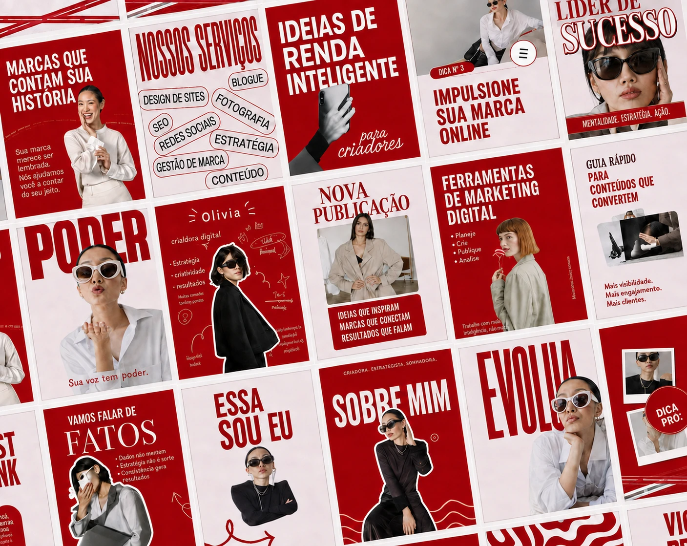 Mosaico inclinado de posts em vermelho e branco sobre serviços, estratégia de marca e marketing digital.