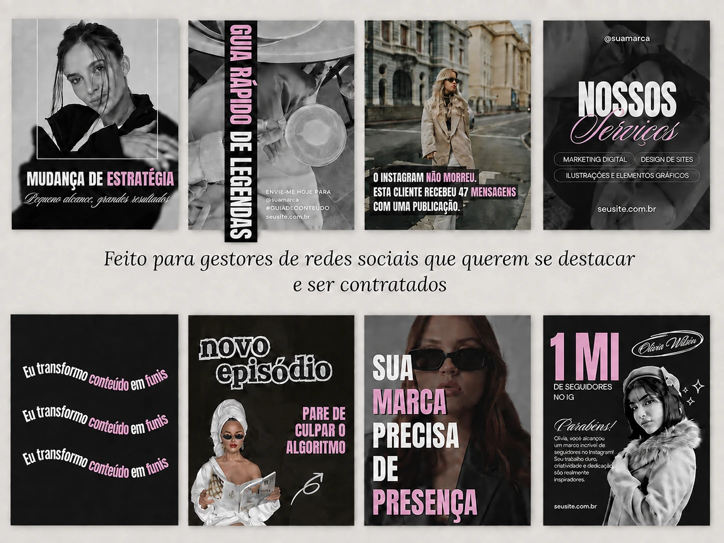Posts em preto e rosa com retratos, guia de legendas e a frase Sua marca precisa de presença.