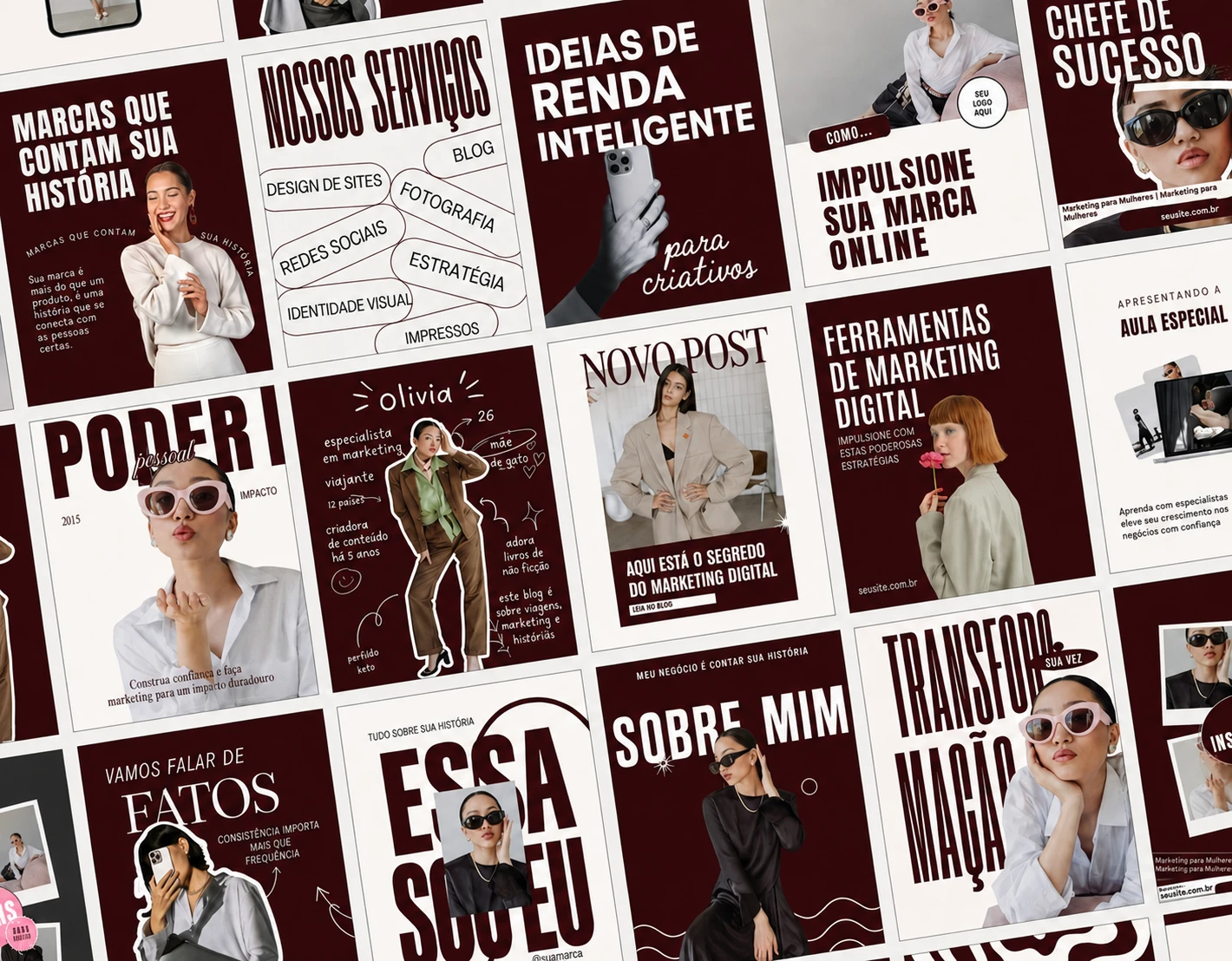 Mosaico inclinado de posts em vinho e branco sobre história da marca, serviços e marketing digital.