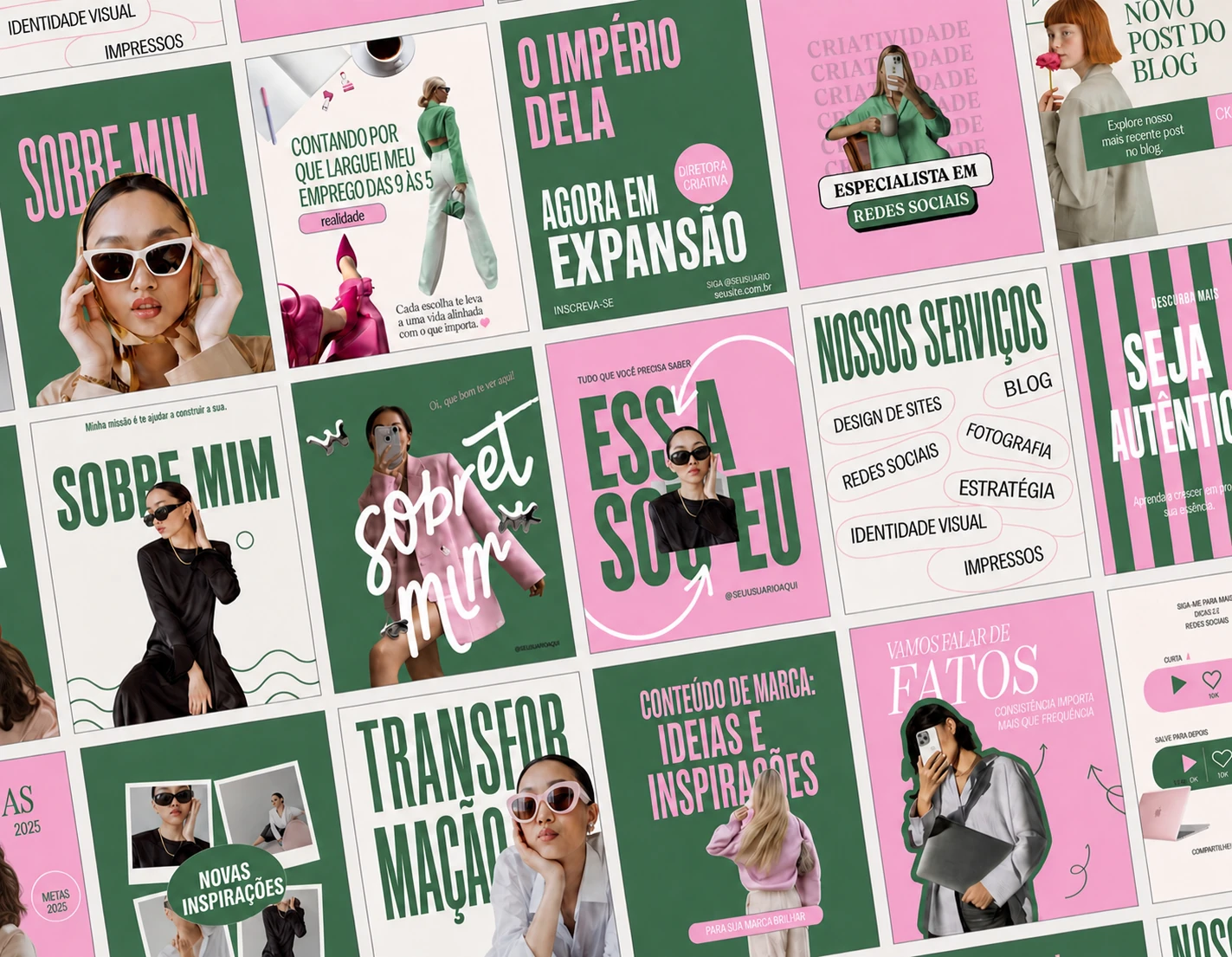 Mosaico inclinado de posts em verde e rosa sobre apresentação pessoal, serviços, marca e ideias de conteúdo.
