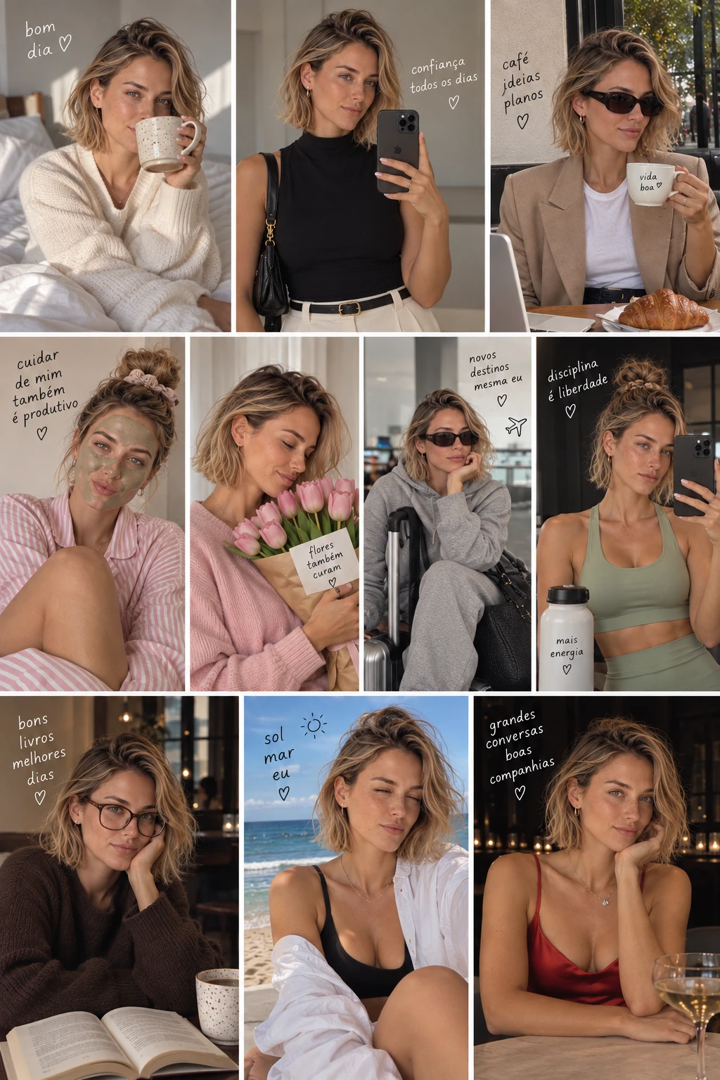 Mosaico de fotos de rotina, café, leitura, viagem e autocuidado, com mensagens em português.