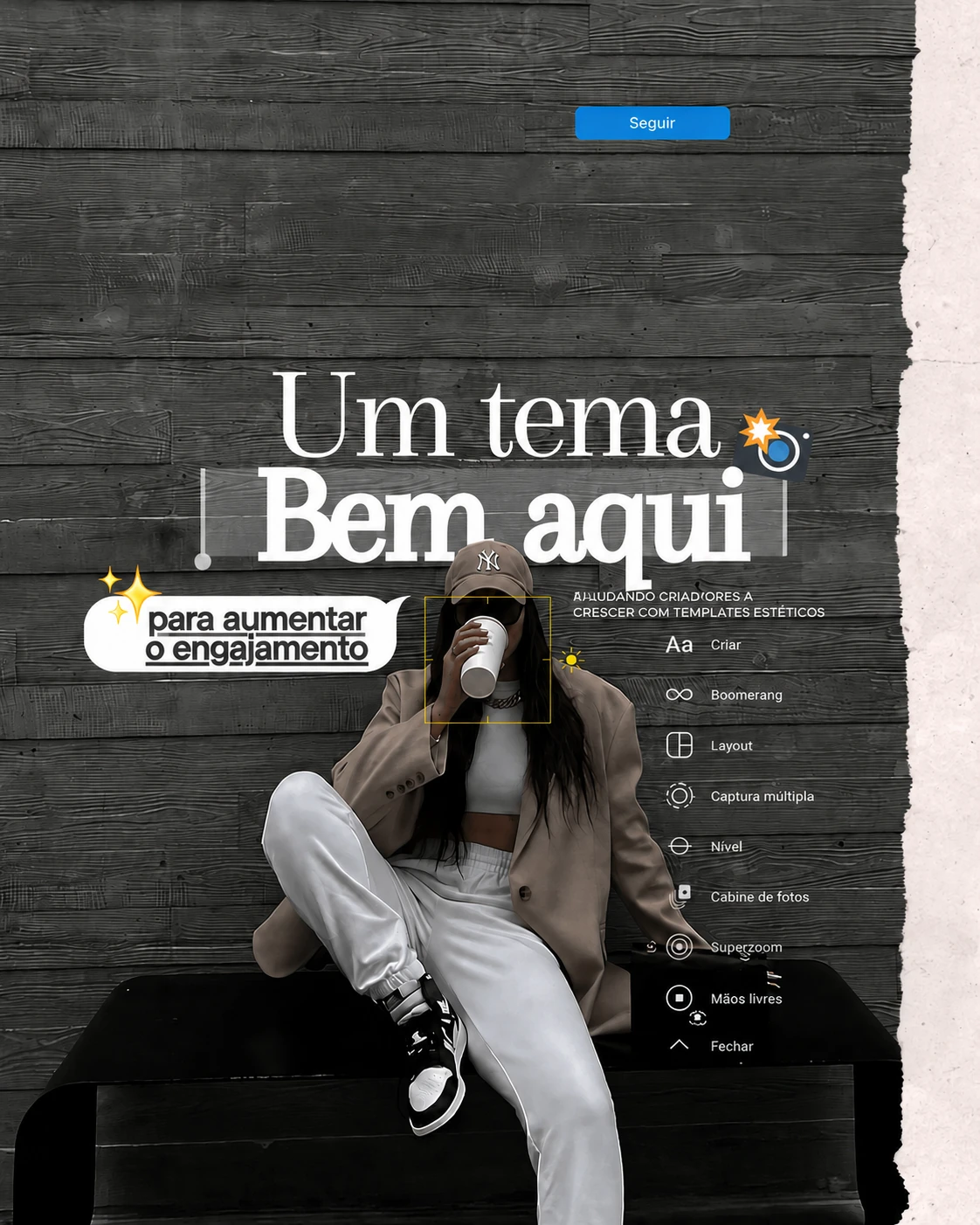 Template em português sobre engajamento, com mulher de blazer sentada diante de parede preta.