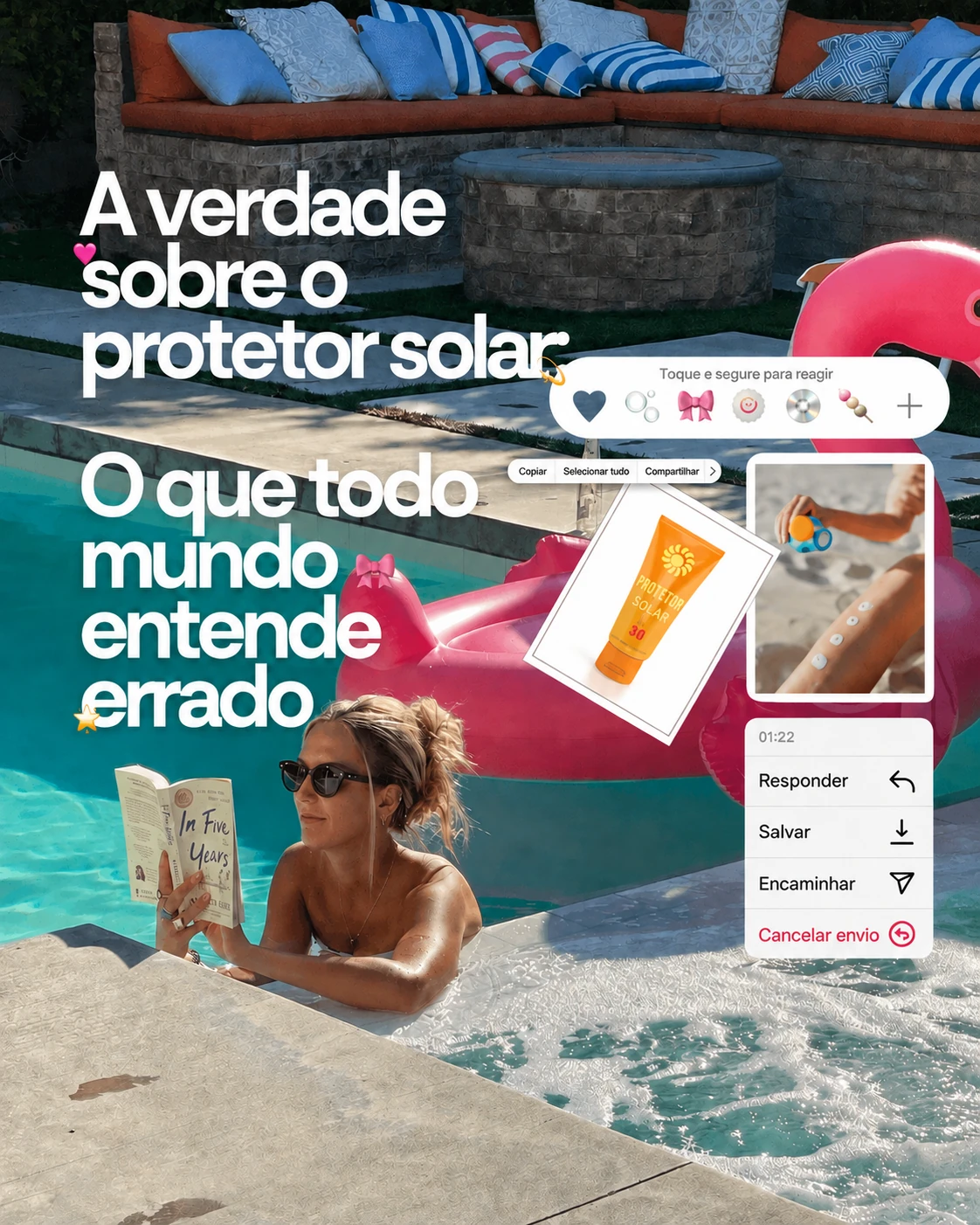 Template em português sobre protetor solar, com mulher lendo na piscina e exemplos de aplicação do produto.