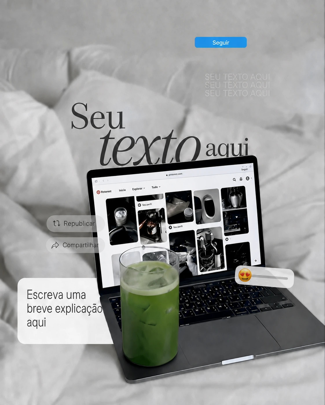 Template em português com espaços para título e explicação, notebook com referências visuais e copo de matcha.