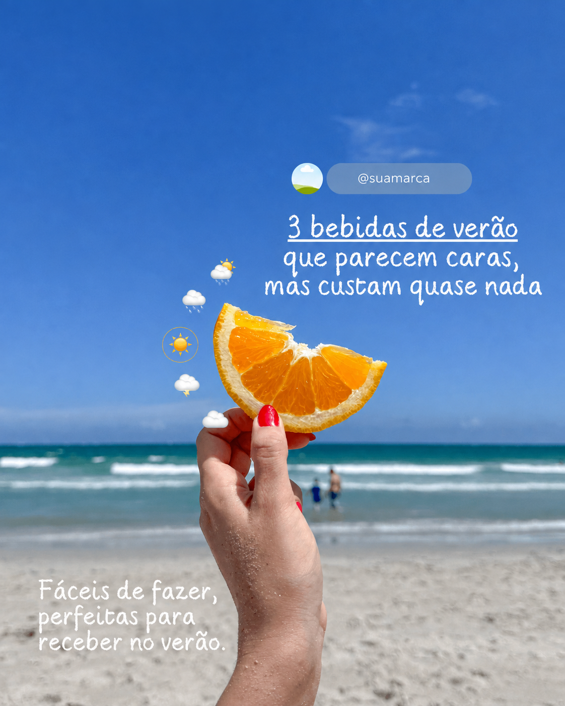 Post em português com uma mão segurando uma fatia de laranja na praia e dicas de bebidas de verão.